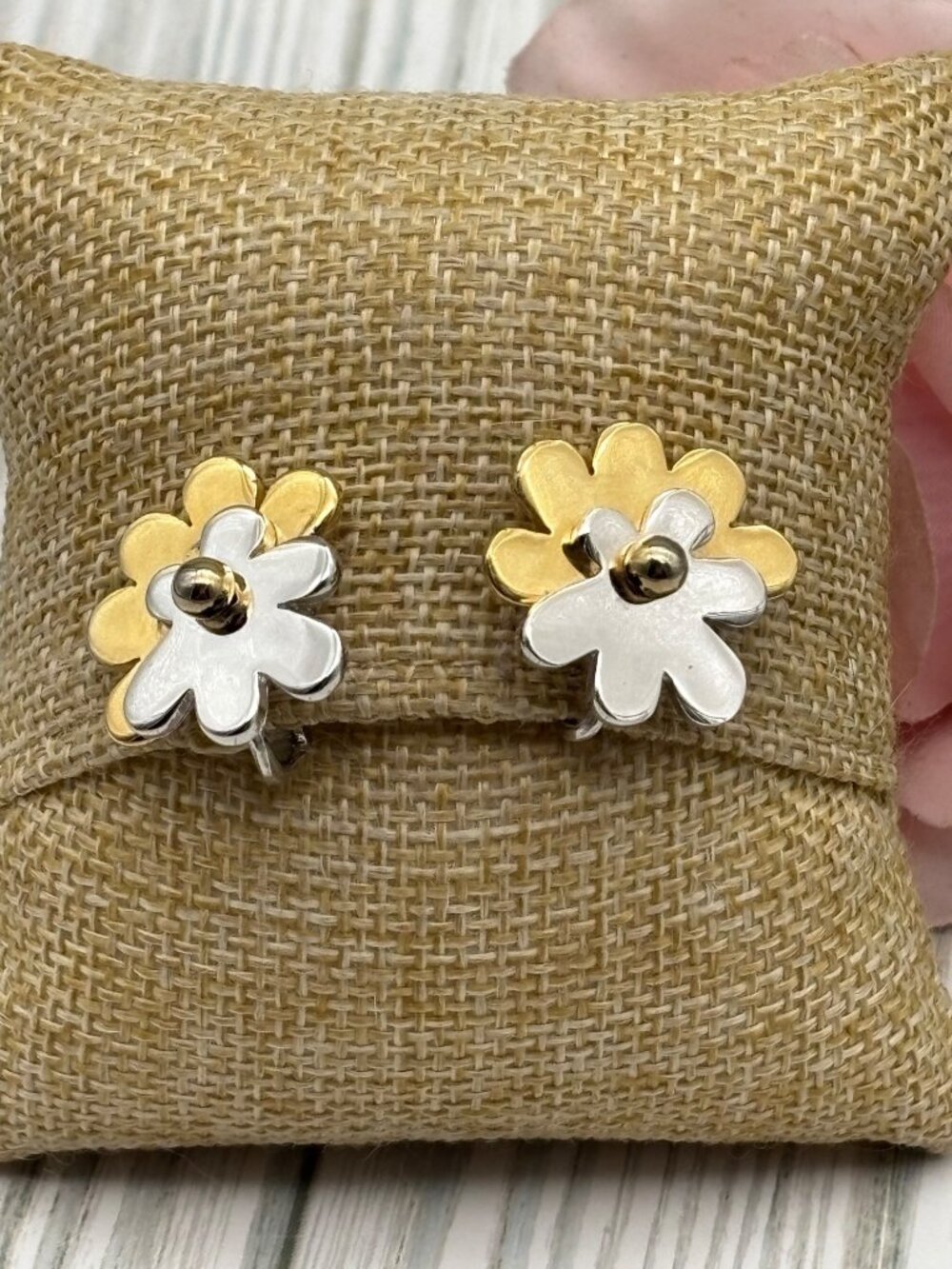 Trifari Gold & Silver Two Tone Daisy Flower Clip-On Earrings Retro Flower Power